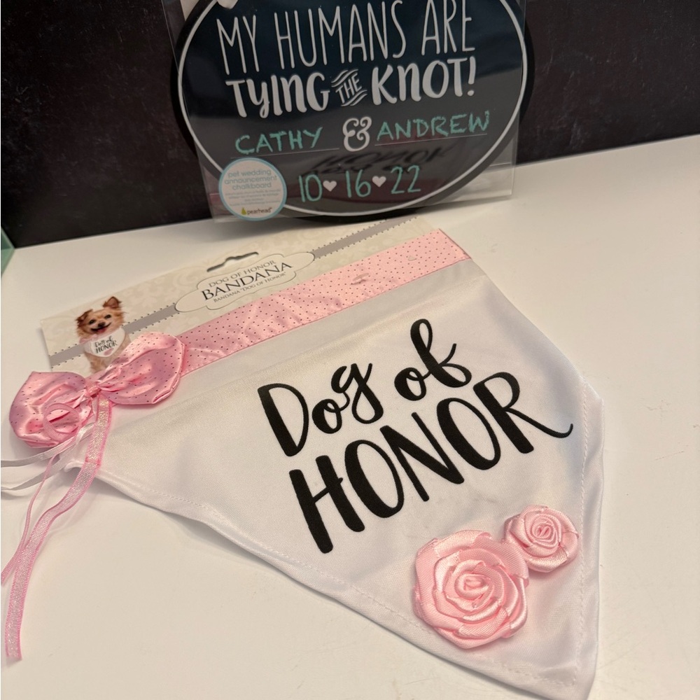 Pink/White "Dog of Honor" Bandana along w/chalkboard announcement f/girl dog.